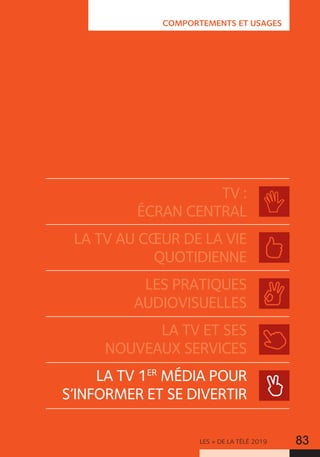 LES + DE LA TÉLÉ 2019 83
COMPORTEMENTS ET USAGES
TV :
ÉCRAN CENTRAL
LA TV AU CŒUR DE LA VIE
QUOTIDIENNE
LES PRATIQUES
AUDIOVISUELLES
LA TV ET SES
NOUVEAUX SERVICES
LA TV 1ER
MÉDIA POUR
S’INFORMER ET SE DIVERTIR
 