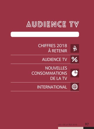 LES + DE LA TÉLÉ 2019 97
AUDIENCE TV
CHIFFRES 2018
À RETENIR
AUDIENCE TV
NOUVELLES
CONSOMMATIONS
DE LA TV
INTERNATIONAL
 