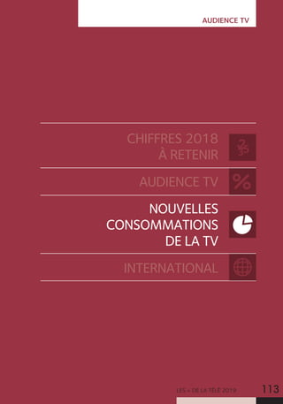 LES + DE LA TÉLÉ 2019 113
AUDIENCE TV
CHIFFRES 2018
À RETENIR
AUDIENCE TV
NOUVELLES
CONSOMMATIONS
DE LA TV
INTERNATIONAL
 