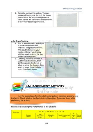 LM-Dressmaking/ Grade 10
____________________________________________________________________________
123
4.By Trace Tacking
1. This is a really useful technique
to mark center front lines,
foldlines, and placement lines.
With double thread in your
needle, stitch a rwo of loopy
stitches, sewing along the line
marked on the pattern.
2. Carefully pull away the tissue.
Cut through the loops,, then
gently separate the layers of
fabric to show the threads. Snip
apart to leave thread tails in
both of the fabric layers.
Let the students perform how to transfer pattern markings properly onto
the fabric. Check whether the fabric is in right position. Supervise them while
performing the activity.
Rubrics in Evaluating the Performance of the Students
2. Carefully remove the pattern. The pen
marks will have gone through the tissue
on the fabric. Be sure not to press the
fabric before the pen marks are removed
or they may become permanent.
Dimension
P E R F O R M A N C E L E V E L
Excellent
(4 pts.)
Very
Satisfactory
(3 pts.)
Satisfactory
(2 pts.)
Needs Improvement
(1 pt.)
No
Attem
pt
(0 pt.)
Points
Earne
d
Enhancement activity
 
