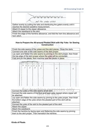 LM-Dressmaking/ Grade 10
____________________________________________________________________________
135
Gather evenly by pulling the tails and distributing the gaters evenly until it
reaches the desired waistline measurement.
Attach th zipper to the zipper allowance.
Attach the waistband to the skirt.
Finish the edge of the hemline allowance, and fold the hem line allowance and
hem stitch.
How to Prepare the All-around Pleated Skirt with Hip Yoke for Sewing
Construction
Finish the side seams of the yokes and the skirt pieces. Close the darts.
Connect one side of the side seams of the skirt proper.
Lay open and flatten the side seams by pinning to the skirt proper, then finish
the top edge of the skirt proper where the yoke will be connected.
Fold and pin the pleats, then machine sew the pleats in place.
Connect the sides of the side seams of teh skirt.
Connect the side seams of the front and back yoke, except where zipper will
be attached.
Lay open and flatten the side seams by pinning to the yoke proper, then finish
the bottom edge of the yoke where the pleated part of the skirt will be
attached.
Connect the yoke of the skirt to the pleated part of the skirt.
Attach the zipper.
Attach the waistband.
Finish the hemline by laying open and flattening the side seams by pinning
them to the skirt proper. Then hemstitch the hemline.
Kinds of Pleats
 