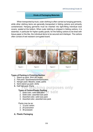 LM-Dressmaking/ Grade 10
____________________________________________________________________________
156
Kinds of Packaging Materials
When transported by truck, outer clothing is often carried as hanging garments,
while other clothing items are generally transported in folding cartons and primarily
containerized. Hanging garments must be inserted into tight-fitting individual dust
covers, sealed at the bottom. When outer clothing is shipped in folding cartons, it is
essential, in particular for higher quality goods, for the folding cartons to be lined with
tissue paper or the like, the individual items to be secured and interlayer. The cartons
often consist of wet resistant corrugated board.
Figure 1 Figure 2 Figure 3 Figure 4
Types of Packing in Finishing Section
1. Stand up pack: Shirt (90 angle)
2. Flat pack: Sportswears/shirts/trousers
3. Hanger pack: Blazers, coats, pants
4. Semi-stand up pack: shirts
5. Half fold pack: Pants
Types of Carton/Plastic Packing
1. Solid color, solid size pack
2. Solid color, assorted size pack
3. Assorted color, solid size pack
4. Assorted color, assorted size pack
Packs may be as:
1. 12 pcs/ carton
2. 24 pcs/carton
3. 36 pcs/pack
A. Plastic Packaging
 