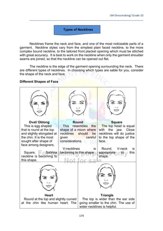 LM-Dressmaking/ Grade 10
____________________________________________________________________________
174
Types of Necklines
Necklines frame the neck and face, and one of the most noticeable parts of a
garment. Neckline styles vary from the simplest plain faced neckline, to the more
complex bound neckline, to the tailored front placket opening which must be stitched
with great accuracy. It is best to work on the neckline when only the garment shoulder
seams are joined, so that the neckline can be opened out flat.
The neckline is the edge of the garment opening surrounding the neck. There
are different types of necklines. In choosing which types are sable for you, consider
the shape of the neck and face.
Different Shapes of Face
Oval/ Oblong Round Square
This is egg shaped
that is round at the top
and slightly elongated at
the chin. It is the most
sought after shape of
face among designers.
Square, Sabrina
neckline is becoming to
this shape.
This resembles the
shape of a moon where
necklines should be
given careful
considerations.
V-necklines is
becoming to this shape.
The top head is equal
with the jaw. Close
necklines will do justice
to the top shape of the
face.
Round, V-neck is
appropriate to this
shape.
Heart Triangle
Round at the top and slightly curved
at the chin like human heart. The
The top is wider than the ear side
going smaller to the chin. The use of
wider necklines is helpful.
 