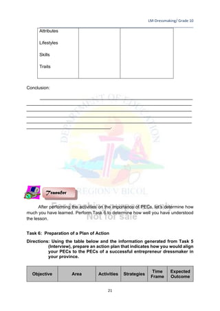LM-Dressmaking/ Grade 10
____________________________________________________________________________
21
Attributes
Lifestyles
Skills
Traits
Conclusion:
______________________________________________________________
___________________________________________________________________
___________________________________________________________________
___________________________________________________________________
___________________________________________________________________
__________________________________.
After performing the activities on the importance of PECs, let’s determine how
much you have learned. Perform Task 6 to determine how well you have understood
the lesson.
Task 6: Preparation of a Plan of Action
Directions: Using the table below and the information generated from Task 5
(Interview), prepare an action plan that indicates how you would align
your PECs to the PECs of a successful entrepreneur dressmaker in
your province.
Objective Area Activities Strategies
Time
Frame
Expected
Outcome
Transfer
 