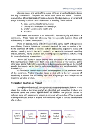 LM-Dressmaking/ Grade 10
____________________________________________________________________________
28
Likewise, needs and wants of the people within an area should also be taken
into big consideration. Everyone has his/her own needs and wants. However,
everyone has different concepts of needs and wants. Needs in business are important
things that every individual cannot live without in a society. These include:
1. basic commodities for consumption;
2. clothing and other personal belongings;
3. shelter, sanitation and health; and
4. education.
Basic needs are essential to an individual to live with dignity and pride in a
community. These needs can obviously help you generate business ideas and
subsequently to product development.
Wants are desires, luxury and extravagance that signify wealth and expensive
way of living. Wants or desires are considered above all the basic necessities of life.
Some examples of wants or desires: fashion accessories, expensive shoes and
clothes, travelling around the world, eating in an expensive restaurant; watching
movies, concerts, having luxurious cars, wearing expensive jewelries, perfume, living
in impressive homes, among others.
Needs and wants of people are the basic indicators of the kind of business
that you may engage into because it can serve as the measure of your success. Some
other good points that might be considered in business undertakings are the kind of
people, their needs, wants, lifestyle, culture and tradition, and social orientation that
they belong to.
To summarize, product development entirely depends on the needs and wants
of the customers. Another important issue to deal with is the key concepts of
developing a product. The succeeding topic shall enlighten you about the procedure
in coming up with a product.
Concepts of Developing a Product
Concept development is a critical phase in the development of a product. In this
stage, the needs of the target market are identified and competitive products are
reviewed before the product specifications are defined. The product concept is
selected along with an economic analysis to come up with an outline of how a product
is being developed. Below is a figure that shows the stages of concept development
of a product.
Identify
Customer
Needs
Establish
Target
Specifications
Generate
Product
Concepts
Select a
Product
Concept
Refine
Specifications
 