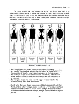 LM-Dressmaking / GRADE 10
___________________________________________________________________________
281
To come up with the best trouser that would compliment your body is to
understand one’s body type or shape, the posture of the body and the type of fabric
used in making the trouser. There are six main body shapes that will guide you in
choosing the best style of trouser to wear: Hourglass, Triangle, Inverted Triangle,
Rectangle , Diamond and Rounded shape.
Different Shapes of the Body
1. For Triangle shape, it is best to wear a trouser with the straight leg.
2. For Inverted Triangle shape, a peg trouser, with pleats on the top, and
has a waistband. Wide leg lining trouser is also good for this body shape.
3. For Rectangle shape, low rise, skinny trousers and wider leg is best for this
shape. Avoid big flares and cargo pants and silky flowing trousers for office
or night out.
4. For Hourglass shape, high-waist and wide-legged trousers underline the
curvaceous body are of great style options.
5. For Oval or Diamond shape, trousers should be in classic style with flat
fronts, and no extra from zips, pleats or gathers. Low rise trousers should
not be worn and waistbands should not be too tight. Boot cuts are best
suited for this shape and if tall enough, straight cuts or palazzo is of great
choice.
 