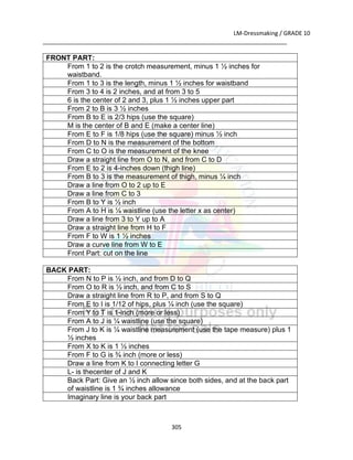LM-Dressmaking / GRADE 10
___________________________________________________________________________
305
FRONT PART:
From 1 to 2 is the crotch measurement, minus 1 ½ inches for
waistband.
From 1 to 3 is the length, minus 1 ½ inches for waistband
From 3 to 4 is 2 inches, and at from 3 to 5
6 is the center of 2 and 3, plus 1 ½ inches upper part
From 2 to B is 3 ½ inches
From B to E is 2/3 hips (use the square)
M is the center of B and E (make a center line)
From E to F is 1/8 hips (use the square) minus ½ inch
From D to N is the measurement of the bottom
From C to O is the measurement of the knee
Draw a straight line from O to N, and from C to D
From E to 2 is 4-inches down (thigh line)
From B to 3 is the measurement of thigh, minus ¼ inch
Draw a line from O to 2 up to E
Draw a line from C to 3
From B to Y is ½ inch
From A to H is ¼ waistline (use the letter x as center)
Draw a line from 3 to Y up to A
Draw a straight line from H to F
From F to W is 1 ½ inches
Draw a curve line from W to E
Front Part: cut on the line
BACK PART:
From N to P is ½ inch, and from D to Q
From O to R is ½ inch, and from C to S
Draw a straight line from R to P, and from S to Q
From E to I is 1/12 of hips, plus ¼ inch (use the square)
From Y to T is 1-inch (more or less)
From A to J is ¼ waistline (use the square)
From J to K is ¼ waistline measurement (use the tape measure) plus 1
½ inches
From X to K is 1 ½ inches
From F to G is ¾ inch (more or less)
Draw a line from K to I connecting letter G
L- is thecenter of J and K
Back Part: Give an ½ inch allow since both sides, and at the back part
of waistline is 1 ¾ inches allowance
Imaginary line is your back part
 