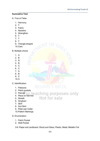 LM-Dressmaking/ Grade 10
____________________________________________________________________________
353
Summative Test:
A. True or False
1. Harmony
2. T
3. Fabric
4. Neckline
5. Strengthen
6. T
7. T
8. T
9. Triangle-shaped
10.Care
B. Multiple choice
1. A
2. B
3. D
4. B
5. C
6. C
7. A
8. B
9. C
10.C.
C. Identification:
1. Palazzos
2. Patch pockets
3. Flannel
4. Place on fold line
5. Sheath
6. Gingham
7. Skirt
8. Suit Skirt
9. Peter pan Collar
10.Pattern Markings
D. Enumeration:
1. Patch Pocket
2. Welt Pocket
3-6: Paper and cardboard; Wood and Glass; Plastic; Metal; Metallic Foil
 