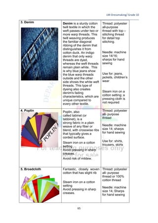 LM-Dressmaking/ Grade 10
____________________________________________________________________________
65
3. Denim Denim is a sturdy cotton
twill textile in which the
weft passes under two or
more warp threads. This
twill weaving produces
the familiar diagonal
ribbing of the denim that
distinguishes it from
cotton duck. An indigo
denim that only warp
threads are dyed,
whereas the weft threads
remain plain white. This
is why blue jeans show
the blue warp threads
outside and the other
side shows the white weft
threads. This type of
dyeing also creates
denim's fading
characteristics, which are
unique compared to
every other textile.
Thread: polyester
all-purpose
thread with top –
stitching thread
for detail top
stitching.
Needle: machine
size 14/16;
sharps for hand
sewing
Use for: jeans,
jackets, children’s
wear
Steam iron on a
cotton setting; a
pressing cloth is
not required
4. Poplin Poplin, also
called tabinet (or
tabbinet), is a
strong fabric in a plain
weave of any fiber or
blend, with crosswise ribs
that typically gives a
corded surface.
Steam iron on a cotton
setting
Avoid pressing in sharp
creases.
Avoid risk of mildew.
Thread: polyester
all- purpose
thread
Needle: machine
size 14; sharps
for hand sewing
Use for: shirts,
trousers, skirts
5. Broadcloth Fantastic, closely woven
cotton that has slight rib
Steam iron on a cotton
setting
Avoid pressing in sharp
creases.
Thread: polyester
all- purpose
thread or 100%
cotton thread
Needle: machine
size 14; Sharps
for hand sewing
 