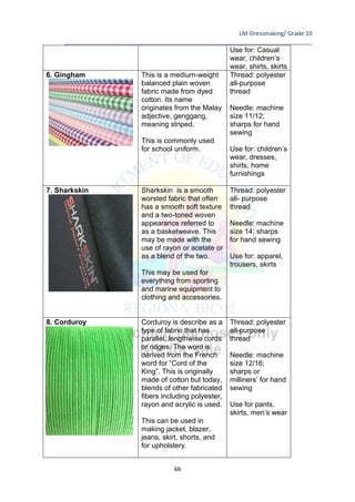 LM-Dressmaking/ Grade 10
____________________________________________________________________________
66
Use for: Casual
wear, children’s
wear, shirts, skirts
6. Gingham This is a medium-weight
balanced plain woven
fabric made from dyed
cotton. Its name
originates from the Malay
adjective, genggang,
meaning striped.
This is commonly used
for school uniform.
Thread: polyester
all-purpose
thread
Needle: machine
size 11/12;
sharps for hand
sewing
Use for: children’s
wear, dresses,
shirts, home
furnishings
7. Sharkskin Sharkskin is a smooth
worsted fabric that often
has a smooth soft texture
and a two-toned woven
appearance referred to
as a basketweave. This
may be made with the
use of rayon or acetate or
as a blend of the two.
This may be used for
everything from sporting
and marine equipment to
clothing and accessories.
Thread: polyester
all- purpose
thread
Needle: machine
size 14; sharps
for hand sewing
Use for: apparel,
trousers, skirts
8. Corduroy Corduroy is describe as a
type of fabric that has
parallel, lengthwise cords
or ridges. The word is
derived from the French
word for “Cord of the
King”. This is originally
made of cotton but today,
blends of other fabricated
fibers including polyester,
rayon and acrylic is used.
This can be used in
making jacket, blazer,
jeans, skirt, shorts, and
for upholstery.
Thread: polyester
all-purpose
thread
Needle: machine
size 12/16;
sharps or
milliners’ for hand
sewing
Use for pants,
skirts, men’s wear
 