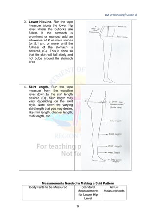LM-Dressmaking/ Grade 10
____________________________________________________________________________
74
3. Lower HipLine. Run the tape
measure along the lower hip
level where the buttocks are
fullest. If the stomach is
prominent or rounded add an
allowance of 2 or more inches
(or 5.1 cm. or more) until the
fullness of the stomach is
covered. (C) This is done so
that the skirt will fall nicely and
not bulge around the stomach
area
4. Skirt length. Run the tape
measure from the waistline
level down to the skirt length
desired. (D) Skirt length may
vary depending on the skirt
style. Note down the varying
skirt length that you may desire,
like mini length, channel length,
midi length, etc.
Measurements Needed in Making a Skirt Pattern
Body Parts to be Measured Standard
Measurements
for Lower Hip
Level
Actual
Measurements
 