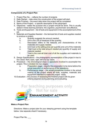 LM-Dressmaking/ Grade 10
____________________________________________________________________________
78
Components of a Project Plan
1. Project Plan No. – reflects the number of projects
2. Date Started – date when the construction of the project will start.
3. Date Finished – the exact date when the project will be completed
4. Name of the Project – a specific description of the job/project.
5. Objectives - states the purpose why a project should be done. This is usually
stated in three learning domains: the cognitive, psychomotor and affective.
6. Tools and Equipment – list of tools and equipment in the accomplishment of the
job
7. Materials and Supplies Needed – the itemized list of tools and supplies needed
to produce a project.
a. Quantity suggests the amount needed.
b. Unit is the unit of measure of the quantity.
c. Description refers to the features and characteristics of the
materials and supply needed.
d. Unit Cost is the selling price per quantity and unit of the materials
e. Total Cost is the total amount needed per quantity of supply and
material needed.
f. Total is the over-all total cost of all the supplies and materials to
be used.
8. Design Specifications – the photographic representation of the project in two to
five views: front, back, right, left and top views.
9. Procedure – the chronological steps or operations involved to accomplish the
project. This is divided into two stages:
a. Preparation stage – depicts the preparation to be done before the
actual execution or performance of the operations.
b. Performance stage – the actual procedures involve in the actual
making of the project where all tools, supplies, materials and
equipment intended to make the project ready.
10.Evaluation – the process of assessing the finished project with its given
criteria prepared during planning and evaluating.
Make a Project Plan
Directions: Make a project plan for your sleeping garment using the template
below. Use separate sheet if necessary.
Project Plan No. ___
Enhancement activity
 