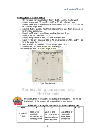 LM-Dressmaking/ Grade 10
____________________________________________________________________________
83
Drafting the Front Skirt Pattern
1. On the basic front skirt pattern, from 1 to 6F, use one-fourth waist
measurement plus 2.5 cm. Connect 6 to 6F with a broken line.
2. From 4 to 7F, use one-fourth hip measurement plus 1.5 cm. Connect 6F
to 7F with a slight curve.
3. From 5F to 8F, use one-fourth hip measurement plus 1 cm. Connect 7F
to 8F with a straight line.
4. From 2 to 9F, use one-half bust point width minus 2 cm.
5. From 9F to 10F, measure 2.5 cm.
6. Get the midpoint of 9F and 10F, and mark this 11F.
7. From 11F to 12F, measure 8cm to 13 cm. Connect 9F, 10F, and 11F to
form the waist dart.
8. Fold 9F over 10F. Connect 2 to 6F with a slight curve.
9. From 6F to 13F, use the front skirt side length.
10.Connect 5F and 13F with a slight curve.
Front Skirt Pattern
Use the rubrics in evaluating the output of the students. This will be
the indicator if the student will proceed to the next lesson.
Rubrics in Drafting the Pattern for Different styles of Skirt
Item 5 3 1 Score
1. Use of
Tools
Tools were
complete,
appropriate and
correctly used.
Lack of one
tool, some were
appropriate and
correctly used.
Lack of two or
more tools,
some were
appropriate
 