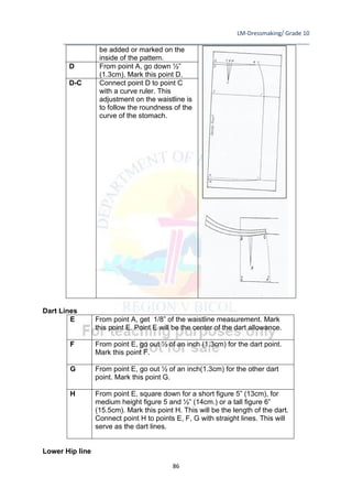 LM-Dressmaking/ Grade 10
____________________________________________________________________________
86
be added or marked on the
inside of the pattern.
D From point A, go down ½”
(1.3cm). Mark this point D.
D-C Connect point D to point C
with a curve ruler. This
adjustment on the waistline is
to follow the roundness of the
curve of the stomach.
Dart Lines
E From point A, get 1/8” of the waistline measurement. Mark
this point E. Point E will be the center of the dart allowance.
F From point E, go out ½ of an inch (1.3cm) for the dart point.
Mark this point F.
G From point E, go out ½ of an inch(1.3cm) for the other dart
point. Mark this point G.
H From point E, square down for a short figure 5” (13cm), for
medium height figure 5 and ½” (14cm.) or a tall figure 6”
(15.5cm). Mark this point H. This will be the length of the dart.
Connect point H to points E, F, G with straight lines. This will
serve as the dart lines.
Lower Hip line
 