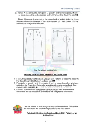 LM-Dressmaking/ Grade 10
____________________________________________________________________________
93
2. For an A-line silhouette, from point L, go out 1 and ½ inches (about 4 cm.)
or more depending on the desired width of the hemline. Mark this point N.
Zipper Allowance, is attached to the center back of a skirt. Make the zipper
allowance from the side edge of the pattern paper, go 1 inch (about 2.5cm.)
and make a straight line vertically.
The Back Basic A-Line Skirt
Drafting the Back Skirt Pattern of an A-Line Skirt
1. Follow the procedure of the Back Straight Skirt Pattern, or trace the sloper for
the Back Straight Skirt Pattern and add point M.
2. From point L, go out 1 and ½ inches (or 4 cm.) or more depending what was
added on the Front Skirt Pattern for an A-Line silhouette on the Back Skirt
Pattern. Mark this point M.
3. Connect point M with a straight line towards the hip area where the line
connection will be smoothest, or will have the straight line connection.
Use the rubrics in evaluating the output of the students. This will be
the indicator if the student will proceed to the next lesson.
Rubrics in Drafting the Front and Back Skirt Pattern of an
A-Line Skirt
 