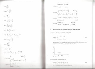 Sen3t+sent,              0< t < n:
        e-2s                                                                                   4.80 Y     =     4
4.67 --                                                                                                       { -sen3t,                    t>   se
        s-l                                                                                                     3
                          I
                         --s
                     e    2
4.68    el/2
                     s-1                                                                       4.81

               -ltS
        -se
4.69 -2-
         s +1
                                                                                               4.82 Y     =
                                                                                                                   -1+ 2n+ ~sen2t + (2 - 2n) cos2t,
                                                                                                                             2
                                                                                                                                                                              °    « t < 2n

                                                                                                              1    (2 - 2n)cos 2/,                                                     t > 2Jt

                                                                                                                                                                   °
4.71 ---e--
           1                  e-s
                                                                                               4.83 y     =
                                                                                                              j-el + 21e' + e -I ,
                                                                                                                   21e' +e-I -2(I-n)e'           _e- +  I 2n
                                                                                                                                                              ,
                                                                                                                                                                        <t <n

                                                                                                                                                                         t   s-   r:
     s-1  s-I


         1 e -os                         e   -(IS
                                                                                        4.5    Transformada de Laplace da "função" Delta de Dirac
4.72    -----a--
         s2           i                      s
                                                                                        Considere-se a função/i, (t) definida por (Fig. 43)


                                                                                                               I
                                                                                                 . ()_         -,         as rs av k
                                                                                                jk 1 -            k                                                                                        (35)
                                                                                                              { O,        outros valores


                si
               --s                                                                             que representa uma força                   lI.. cujo impulso no intervalo [a,a k]
                                                                                                                                                                            +                    é representado
         se
         2                                                                                     pelo integral definido de               lI.. nesse intervalo, com valor 1.
 4.75 -2--
          s +1

           -4.1            -7s
         e           -e
 4.76
                     s2

          .               {O,                                0< t < n
 4.77    f t
         . ()
                     =
                           -5cos3t-2sen3t,                      t i- r:


                                                                     °                                                a      a+k




                  l
                               O,                                         « t <~                Fig.4.3
                                                                                2   /
 11.78 ./ (I) =                          n
                               -21-                                             n
                              , ( 2) (2              os 1 - scn I),         1>-
                                                                                        Esta função pode ser representada por
                                                                                2


 11.1     f'   ()
               1

                          !
                               I   S 11 I,


                               ('11'1.
                                                    () - 1
                                                                                                .tk{/)-       ~rlf(/-(f)-If(/-(f-k)]

                                                                                                I' 01 ',111111111,1 ll1tlolc1d dI' I IIpld( (    I   d,lcld       pOI
                                                                                                                                                                                                           (36)
 