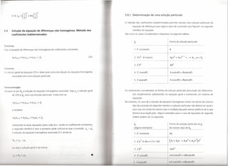 1)11 (1)/1                                                            5.4.1 Determinação de uma solução particular
         5.10 Yn      =   ( 5 +4n 5
                                                                                                 o   método dos coeficientes indeterminados permite calcular uma solução particular da
                                                                                                         equação de diferenças para alguns tipos de sucessões que figurem no segundo

5.4      Solução da equação de diferenças não homogénea. Método dos                                      membro da equação.

         coeficientes indeterminados                                                             São cinco os casos considerados e dispostos na seguinte tabela:


                                                                                                                                            Forma da solução particular
T orema
       a equação de diferenças não homogénea de coeficientes constantes                                       1. C constante                A


                                                                                         (25)                 2.   c,l      (k inteiro)


                                                                                                              3. Cb"                         Abll
     orema
1     lução geral da equação (25) é dada pela soma da solução da equação homogénea                           4. C cos(n8)                   A cos(n8) + Bsen(n8)
         associada com uma solução particular.
                                                                                                              5. Csen(n8)                    A cos(n8) + Bsen(n8)


o     monstração
Digne-se     por hn a solução da equação homogénea associada. Seja Yn a solução geral            Os coeficientes considerados na forma da solução particular procurada são determina-
         de (25) e Pn uma sua solução particular. Então tem-se                                           dos simplesmente substituindo na equação geral e resolvendo um sistema de
                                                                                                         equações.
                                                                                                 No entanto, no caso de a solução da equação homogénea conter um termo do mesmo
                                                                                                         tipo da sucessão do segundo membro a solução particular não deverá ser igual a

          e também                                                                                       essa mas sim ainda do mesmo tipo e multiplicada pela menor potência de      11.   que
                                                                                                         elimina essa duplicação. Alguns exemplos para o caso de equações de segunda
                                                                                                         ordem podem ser os seguintes


          subtraindo as duas equações (para cada   11.)   e sendo os coeficientes constantes,             j~                                Forma da solução particular sej;1

          o segundo membro é zero e portanto pode concluir-se que a sucessão YIl        -   p"                (alguns exemplos)             do mesmo tipo de h

             solução da equação homogénea associada (21) tendo-se                                             1. C constante                An


          h"   =   y" - p"                                                                                    2. Cn3 (e hn = cJ +c 2n)      (AI +A2n          +A3n2 +A4n3)n2


          ou s j          oluç   O
                                                                                                              3.      b"                     Anb"


          '" -11,1   I   I)"                                                                                 /I      ' '(lH( 1/(1)          /1/ 'os( /lO)     /ll3s      n(/lO


                                                                                                                   ('11(1/11)              /I   'I (1111) I ,,11     '11(1/(1)
                                                                                                          "
 