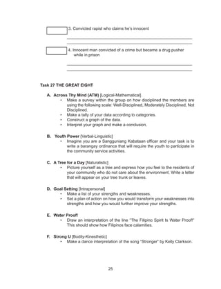 25
	 ______ 3. Convicted rapist who claims he’s innocent
		_______________________________________________________	
		_______________________________________________________
		 4. Innocent man convicted of a crime but became a drug pusher 		
		 while in prison
		_______________________________________________________	
		_______________________________________________________
Task 27 THE GREAT EIGHT
A.	 Across Thy Mind (ATM) [Logical-Mathematical]
•	 Make a survey within the group on how disciplined the members are
using the following scale: Well-Disciplined, Moderately Disciplined, Not
Disciplined.
•	 Make a tally of your data according to categories.
•	 Construct a graph of the data.
•	 Interpret your graph and make a conclusion.
B.	 Youth Power [Verbal-Linguistic]
•	 Imagine you are a Sangguniang Kabataan officer and your task is to
write a barangay ordinance that will require the youth to participate in
the community service activities.
C.	 A Tree for a Day [Naturalistic]
•	 Picture yourself as a tree and express how you feel to the residents of
your community who do not care about the environment. Write a letter
that will appear on your tree trunk or leaves.
D.	 Goal Setting [Intrapersonal]
•	 Make a list of your strengths and weaknesses.
•	 Set a plan of action on how you would transform your weaknesses into
strengths and how you would further improve your strengths.
E.	 Water Proof!
•	 Draw an interpretation of the line “The Filipino Spirit Is Water Proof!”
This should show how Filipinos face calamities.
F.	 Strong U [Bodily-Kinesthetic]
•	 Make a dance interpretation of the song “Stronger” by Kelly Clarkson.
 