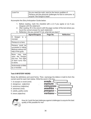 36
Accomplish the Story Anticipation Guide below:
1.	 Before reading, mark the checklist with a (/) if you agree or (x) if you
disagree with the statement.
2.	 After reading, fill in the column with the page number of the text where you
found the correct answer for each statement.
3.	 Reflection: Are you correct? If not, what did you learn?
Agree/Disagree Page No. Reflection
A Gorgon is a
monster.
Perseus is a hero.
Perseus could be
successful in killing
Medusa without the
help of the gods.
None may look
upon the Gorgon
and live. The sight
of them turns men
to stone.
Andromeda is killed
by a monster.
Task 8 MYSTERY WORD
Study the definitions and word forms. Then, rearrange the letters in bold to form the
correct word for each item below. Write the word in the box.
1. to escape or avoid (verb)			 eveda -
2. dangerous	 (adjective)		 . 	 erpisulo 	-	
3. poisonous (adjective)	 		vsmuoneo -
4. ashamed (verb)				aeadhbs -
5. satisfy, gratify (verb)			 peeapsa –
6. brave (adjective)				vorlsaou –
How do I build the best defenses against challenges to acquire the best
quality of life possible for me?
Look For As you read the myth, look for the heroic qualities of
Perseus and the personal challenges he has to overcome to
acquire “the Gorgon’s head”.
 