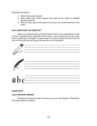 54
Processing Questions:
1.	 What is the song all about?
2.	 What explicit and implicit signals were used by the singer to highlight
significant points?
3.	 How do these signals add value to the lyrics and overall meaning of the
song?
Task 3 WHAT ARE YOU MADE OF?
	 Below are materials that symbolize certain levels of your expectations at the
moment. Considering the objectives of the lesson, share everything that you know
about capitalizing on strengths or weaknesses on the stone tablet; all that you are not
sure of in the quill; and all that you still want to know in the pencil.
__________________________________________________
_________________________________________________
_________________________________________________
__________________________________________________
_________________________________________________
_________________________________________________
_________________________________________________
_________________________________________________
_________________________________________________
_________________________________________________
_________________________________________________
_________________________________________________
YOUR TEXT
Task 4 MYSTERY WORDS
	 Knowing the following words will help you as you read Orpheus. Remember
how these words are defined.
 