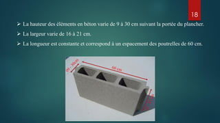  La hauteur des éléments en béton varie de 9 à 30 cm suivant la portée du plancher.
 La largeur varie de 16 à 21 cm.
 La longueur est constante et correspond à un espacement des poutrelles de 60 cm.
18
 