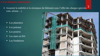 I- Les éléments structuraux:
 Assurent la stabilité et la résistance du bâtiment sous l’effet des charges (gravité,
vent, séisme…).
 Les planchers
 Les poteaux
 Les poutres
 Les murs en BA
 Les fondations
3
 