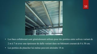 58
• Les bacs collaborant sont généralement utilisés pour des portées entre solives variant de
2 m à 7 m avec une épaisseur de dalle variant dans un bâtiment courant de 8 à 30 cm.
• Les portées du plancher lui-même peuvent atteindre 18 m
 
