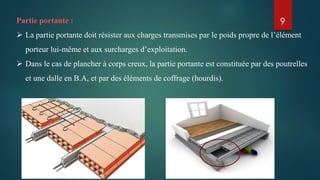 Partie portante :
 La partie portante doit résister aux charges transmises par le poids propre de l’élément
porteur lui-même et aux surcharges d’exploitation.
 Dans le cas de plancher à corps creux, la partie portante est constituée par des poutrelles
et une dalle en B.A, et par des éléments de coffrage (hourdis).
9
 