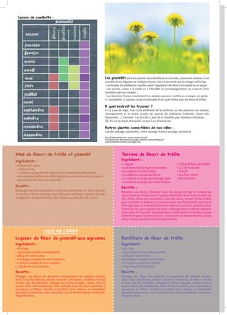 Les pissenlits sont des plantes de la famille de la chicorée, comme les endives. Il est
possible de les déguster de multiples façons. Dans le pissenlit tout se mange sauf la tige.
- Les feuilles (de préférence cueillies avant l’apparition des fleurs) en salade ou en soupe ;
- Les racines, cuites à la poêle ou à l’étouffée en accompagnement, ou crues en fines
rondelles dans les salades ;
- Les boutons floraux (seulement les pétales jaunes), confits au vinaigre, en gelée
(« cramaillotte »), infusion, sirop ou limonade (il en va de même pour les fleurs de trèfle).
A quel endroit les trouver ?
Il n’y a pas de règle, mais il est préférable de les prélever sur des pelouses non traitées
chimiquement et le moins proche de sources de pollutions évidentes (route très
fréquentée…). Exemple : Fac de Lille 1, parc de la citadelle, parc Barbieux à Roubaix…
En cas de doute demander conseil à un pharmacien.
Autres plantes comestibles de nos villes :
Carotte sauvage, aramanthe, céleri sauvage, fenouil sauvage, pourpier •
Plus d’informations sur : www.cuisine-saine.fr
A la découverte des plantes sauvages urbaines (www.bobigny.fr)
www.hermeline-plantes-sauvages.com
Miel de fleurs de trèfle et pissenlit
Ingrédients :
• 4 tasses de sucre,
• 1 tasse d’eau,
• 1 cuillère à soupe de thé d’alun (on en retrouve en pharmacie),
unevingtainedefleursdetrèfle(blanchesoumauvesselonlasaison),
• une dizaine de fleurs de pissenlit.
Recette :
Mélangez tous les ingrédients. Amenez à ébullition et faites bouillir
4 minutes. Filtrez et versez dans des pots stérilisés. Laissez refroidir
et dégustez sur des tartines, des crêpes ou dans du lait chaud.
Liqueur de fleur de pissenlit aux agrumes
Ingrédients :
• 4L d’eau,
• 3 gros bols de fleurs de pissenlit,
• 200 g de raisins secs,
• 4 oranges coupées et «non traitées»,
• 4 citrons coupés et non «traités»,
• 2 kg de sucre en poudre.
Recette :
Plongez vos fleurs de pissenlit (uniquement les pétales jaunes)
dans l’eau bouillante, laissez macérer 24 heures, et filtrez. Versez
le tout (jus de pissenlit, oranges et citrons coupés, raisins secs et
sucre) dans une bonbonne. Puis remuez tous les jours pendant 3
semaines, et filtrez. Gardez le produit ainsi obtenu en bouteilles
pendant 8 semaines, sans bouchon (car la fermentation continue).
Dégustez frais.
Confiture de fleur de trèfle
Ingrédients :
• 4L d’eau
• 3 gros bols de fleurs de pissenlit
• 200 g de raisins secs
• 4 oranges coupées non traitées
• 4 citrons coupés non traités
• 2 kg de sucre en poudre
Recette :
Plongez vos fleurs de pissenlit (uniquement les pétales jaunes)
dans l’eau bouillante, laissez macérer 24 heures, et filtrez. Versez
le tout (jus de pissenlit, oranges et citrons coupés, raisins secs et
sucre) dans une bonbonne. Puis remuez tous les jours pendant 3
semaines, et filtrez. Gardez le produit ainsi obtenu en bouteilles
pendant 8 semaines, sans bouchon (car la fermentation continue).
Dégustez frais.
Terrine de fleurs de trèfle
Ingrédients :
•1oignon
• une branche de thym citronnelle
• 4 cuillères d’huile d’olive
• 4 cuillères à soupe de farine
• 5 cuillères à soupe de fromage râpé
• 2 cuillères à soupe de crème fraîche
Recette :
Récoltez vos fleurs, éliminez tous les bouts de tige et mettez-les
dans le bol du mixeur avec l’oignon pré-haché et le verre et demi de
lait. Mixez. Dans une casserole, à feu très doux, versez l’huile d’olive
puis la farine et délayez la (comme pour une béchamel) ajoutez le
fromage râpé, la crème fraîche et les épices (curcuma, poivre) salez.
Sortezdufeu,puisajoutezlesœufs,mélangezbienavantdereplacer
à feu doux et d’ajouter la préparation à base de fleurs mixées, cuisez
lentement pour laisser épaissir, versez dans le moule beurré, cuisez
à four chaud pendant 45 minutes environ.
Saisons de cueillette :
• 12O g de fleurs de trèfles
• 1,5 verre de lait
• 6 œufs
• jus d’un citron
• sel et poivre
TESTÉ PAR L’ÉQUIPE
 