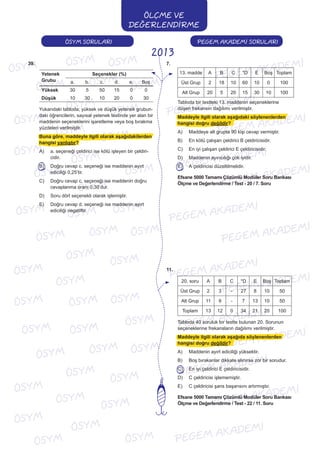 PEGEM AKADEMİ SORULARIÖSYM SORULARI
2013
ÖLÇME VE
DEĞERLENDİRME
7.
13. madde A B C *D E Boş Toplam
Üst Grup 2 18 10 60 10 0 100
Alt Grup 20 5 20 15 30 10 100
Tabloda bir testteki 13. maddenin seçeneklerine
düşen frekansın dağılımı verilmiştir.
Maddeyle ilgili olarak aşağıdaki söylenenlerden
hangisi doğru değildir?
A) Maddeye alt grupta 90 kişi cevap vermiştir.
B) En kötü çalışan çeldirici B çeldiricisidir.
C) En iyi çalışan çeldirici E çeldiricisidir.
D) Maddenin ayırıcılığı çok iyidir.
E) A çeldiricisi düzeltilmelidir.
Efsane 5000 Tamamı Çözümlü Modüler Soru Bankası
Ölçme ve Değerlendirme / Test - 20 / 7. Soru
11.
20. soru A B C *D E Boş Toplam
Üst Grup 2 3 - 27 8 10 50
Alt Grup 11 9 - 7 13 10 50
Toplam 13 12 0 34 21 20 100
Tabloda 40 soruluk bir testte bulunan 20. Sorunun
seçeneklerine frekansların dağılımı verilmiştir.
Maddeyle ilgili olarak aşağıda söylenenlerden
hangisi doğru değildir?
A) Maddenin ayırt ediciliği yüksektir.
B) Boş bırakanlar dikkate alınırsa zor bir sorudur.
C) En iyi çeldirici E çeldiricisidir.
D) C çeldiricisi işlememiştir.
E) C çeldiricisi şans başarısını artırmıştır.
Efsane 5000 Tamamı Çözümlü Modüler Soru Bankası
Ölçme ve Değerlendirme / Test - 22 / 11. Soru
39.
Yetenek
Grubu
Seçenekler (%)
a. b. c. d. e. Boş
Yüksek 30 5 50 15 0 0
Düşük 10 30 10 20 0 30
Yukarıdaki tabloda; yüksek ve düşük yetenek grubun-
daki öğrencilerin, sayısal yetenek testinde yer alan bir
maddenin seçeneklerini işaretleme veya boş bırakma
yüzdeleri verilmiştir.
Buna göre, maddeyle ilgili olarak aşağıdakilerden
hangisi yanlıştır?
A) a. seçeneği çeldirici ise kötü işleyen bir çeldiri-
cidir.
B) Doğru cevap c. seçeneği ise maddenin ayırt
ediciliği 0,25’tir.
C) Doğru cevap c. seçeneği ise maddenin doğru
cevaplanma oranı 0,30’dur.
D) Soru dört seçenekli olarak işlemiştir.
E) Doğru cevap d. seçeneği ise maddenin ayırt
ediciliği negatiftir.
 