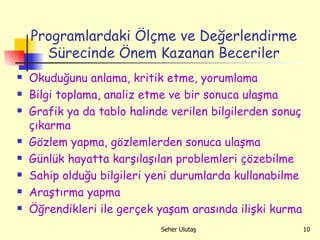 Programlardaki Ölçme ve Değerlendirme Sürecinde Önem Kazanan Beceriler Okuduğunu anlama, kritik etme, yorumlama Bilgi toplama, analiz etme ve bir sonuca ulaşma Grafik ya da tablo halinde verilen bilgilerden sonuç çıkarma Gözlem yapma, gözlemlerden sonuca ulaşma Günlük hayatta karşılaşılan problemleri çözebilme Sahip olduğu bilgileri yeni durumlarda kullanabilme  Araştırma yapma Öğrendikleri ile gerçek yaşam arasında ilişki kurma 