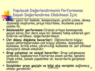 Yapılacak Değerlendirmenin Performansa Dayalı Değerlendirme Olabilmesi İçin; Ürün:  yazılı bir makale, kompozisyon, grafik çizme, deney düzeneği oluşturma, proje hazırlama, inceleme yazısı yazma vb. Gözlenebilir performans: Ürünün ortaya konmasında geçen süreç (bir ders veya bir dönem) takip edilerek geri bildirim verilmesi, değerlendirilmesi. Üst düzey düşünme becerileri:  Öğrencilerin bilgiyi aynen aktarmalarından çok bilgiyi edinme, düzenleme, kullanma, kritik etme, yaratıcılığı kullanma vb. üst zihinsel süreçlere dönük olmalıdır. Grup çalışması ve sosyal beceriler:  Grup çalışmasına yatkınlık, başkalarının fikirlerine önem verme, kendini ifade etme, sunum yapabilme vb. becerilerin gelişmesi beklenir. Disiplinler arası geçişin ve bilgi alış verişinin  sağlanmış olması gereklidir. 