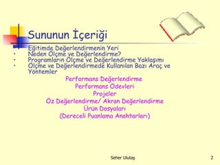 Sununun İçeriği Eğitimde Değerlendirmenin Yeri Neden Ölçme ve Değerlendirme? Programların Ölçme ve Değerlendirme Yaklaşımı Ölçme ve Değerlendirmede Kullanılan Bazı Araç ve Yöntemler Performans Değerlendirme  Performans Ödevleri Projeler Öz Değerlendirme/ Akran Değerlendirme Ürün Dosyaları (Dereceli Puanlama Anahtarları) 