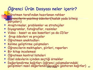 Öğrenci Ürün Dosyası   neler içerir? Öğretmen tarafından hazırlanan rehber  Öğrencilerin yazılmış ödevleri(taslak yada bitmiş parçaları) Araştırmalar, problemler ve stratejiler Diyagramlar, fotoğraflar, resimler Video - kaset ve ses kasetleri ya da CD’ler  Grup ödevleri ve projeler Öğretmen anektodları Kelime geliştirme çalışmaları Öğrencilerin mektupları, şiirleri, raporları Bir kitap incelemesi Öğretmen kontrol listeleri Özel ödevlerin içinden seçtiği örnekler Değerlendirme kağıtları (öğrenci çalışmalarındaki gelişimleri nasıl değerlendirileceğini gösteren kağıtlar)  