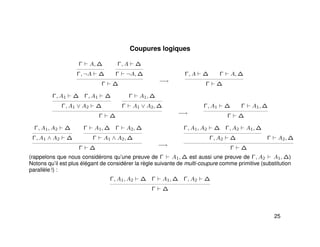 Coupures logiques
Γ A, ∆
Γ, ¬A ∆
Γ, A ∆
Γ ¬A, ∆
Γ ∆
−→
Γ, A ∆ Γ A, ∆
Γ ∆
Γ, A1 ∆ Γ, A1 ∆
Γ, A1 ∨ A2 ∆
Γ A1, ∆
Γ A1 ∨ A2, ∆
Γ ∆
−→
Γ, A1 ∆ Γ A1, ∆
Γ ∆
Γ, A1, A2 ∆
Γ, A1 ∧ A2 ∆
Γ A1, ∆ Γ A2, ∆
Γ A1 ∧ A2, ∆
Γ ∆
−→
Γ, A1, A2 ∆ Γ, A2 A1, ∆
Γ, A2 ∆ Γ A2, ∆
Γ ∆
(rappelons que nous considérons qu’une preuve de Γ A1, ∆ est aussi une preuve de Γ, A2 A1, ∆)
Notons qu’il est plus élégant de considérer la règle suivante de multi-coupure comme primitive (substitution
parallèle !) :
Γ, A1, A2 ∆ Γ A1, ∆ Γ, A2 ∆
Γ ∆
25
 