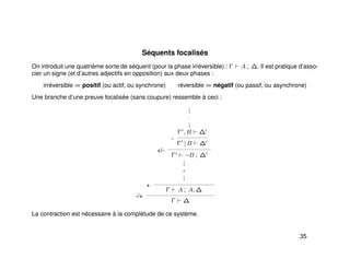 Séquents focalisés
On introduit une quatrième sorte de séquent (pour la phase irréversible) : Γ A ; ∆. Il est pratique d’asso-
cier un signe (et d’autres adjectifs en opposition) aux deux phases :
irréversible = positif (ou actif, ou synchrone) réversible = négatif (ou passif, ou asynchrone)
Une branche d’une preuve focalisée (sans coupure) ressemble à ceci :
-/+
+
+/-
...
−
...
-
Γ , B ∆
Γ | B ∆
Γ ¬B ; ∆
...
+
...
Γ A ; A, ∆
Γ ∆
La contraction est nécessaire à la complétude de ce système.
35
 