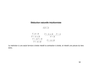 Déduction naturelle intuitionniste
ΓP P
Γ, A B
Γ A ⇒ B
Γ A ⇒ B Γ A
Γ B
Γ A, Γ B
Γ A ∧ B
Γ A ∧ B
La restriction à une seule formule à droite interdit la contraction à droite, et interdit une preuve du tiers
exclu.
52
 