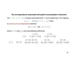 The correspondence associated with pattern-counterpattern interaction
Let C : (Γ , q : P ∆) (uniquely associated with P, up to weakening). The mapping
p → c (C[p/q] −→∗
c , q, C ﬁxed)
is a one-to-one correspondence between
{p | q ⊥ p} and {c | c ∈ C}
where c ∈ C and q ⊥ p are the predicates deﬁned by
c ∈ c
c ∈ C1
c ∈ [C1
q1,q2 C2]
c ∈ C1
c ∈ [C1
q1,q2 C2]
x ⊥ x α• ⊥ α•
q1 ⊥ p1 q2 ⊥ p2
(q1, q2) ⊥ (p1, p2)
q1 ⊥ p1
[q1, q2] ⊥ inl(p1)
q2 ⊥ p2
[q1, q2] ⊥ inr(p2)
64
 