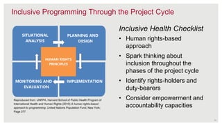 13
Inclusive Programming Through the Project Cycle
SITUATIONAL
ANALYSIS
PLANNING AND
DESIGN
HUMAN RIGHTS
PRINCIPLES
MONITORING AND
EVALUATION
IMPLEMENTATION
Reproduced from: UNFPA, Harvard School of Public Health Program of
International Health and Human Rights (2010) A human rights-based
approach to programming. United Nations Population Fund, New York;
Page 377
Inclusive Health Checklist
• Human rights-based
approach
• Spark thinking about
inclusion throughout the
phases of the project cycle
• Identify rights-holders and
duty-bearers
• Consider empowerment and
accountability capacities
 