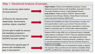 15
Step 1: Situational Analysis (Example)
 Who are the key rights-holders
and duty-bearers?
Right holders: Persons with disabilities (all types), Kenyan
National Council for Persons with Disabilities, Association for the
Physically Disabled of Kenya, United Disabled Persons
Duty bearers: Health providers, MOPHS, National Health
Insurance Fund of Kenya, Ministry of East African Community
Labor and Social Protection (MEACLSP)
 What are the capacity gaps of
persons with disabilities and
gaps of duty-bearers?
 What are the relevant power
relationships, discriminatory
practices, stigma, inequities?
 Is the right to health for persons
with disabilities protected in
domestic laws/policies? Has the
UNCRPD has been ratified?
Ratified CRPD in May 2008, but not Optional Protocol. Disability
rights added to constitution in 2010. There are disparities between
health laws/reforms and practice, many legal provisions lack
enforcement modalities. Financing remains a challenge. There is
no law that expressly provides for free and informed consent to
treatment, it is implied.
Persons with disabilities are often shunned away in society, and
lack opportunities to work or go to school. They do not have
access to mainstream health services, particularly in rural areas.
Stigma is especially high for mental health related disabilities.
Persons with disabilities are not empowered to speak up against
HS injustices. Many providers are not trained on disability. Weak
MOPHS and MEACLSP coordination, especially at district level.
 