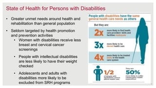 State of Health for Persons with Disabilities
• Greater unmet needs around health and
rehabilitation than general population
• Seldom targeted by health promotion
and prevention activities
• Women with disabilities receive less
breast and cervical cancer
screenings
• People with intellectual disabilities
are less likely to have their weight
checked
• Adolescents and adults with
disabilities more likely to be
excluded from SRH programs 8
 