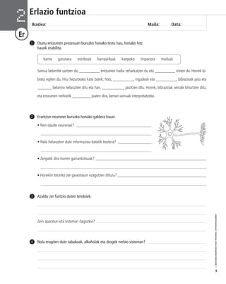 © IBAIZABAL/BAIMENDUTAKO MATERIAL FOTOKOPIAGARRIA 
9 
Erlazio funtzioa 
Ikaslea: Maila: Data: 2 
Er 
Osatu entzumen prozesuari buruzko honako testu hau, honako hitz 
hauek erabilita. 
1 
barne garunera estriboak barraskiloak kanpoko tinpanora mailuak 
Soinua belarritik sartzen da, __________ entzumen hodia zeharkatzen du eta __________ iristen da. Horrek bi-bratu 
egiten du. Hiru hezurtxoko kate batek, hots, __________, ingudeak eta __________, bibrazioak jaso eta 
_______ belarrira helarazten ditu eta han, ___________ jasotzen ditu. Horrek, bibrazioak seinale bihurtzen ditu, 
eta entzumen nerbiotik _________ joaten dira, bertan soinuak interpretatzeko. 
Erantzun neuronei buruzko honako galdera hauei. 
• Non daude neuronak? ______________________________________ 
________________________________________________________ 
• Nola helarazten dute informazioa batetik bestera? _________________ 
________________________________________________________ 
• Zergatik dira horren garrantzitsuak? ________________________________________________________ 
____________________________________________________________________________________ 
• Horiekin loturiko zer gaixotasun ezagutzen dituzu? _____________________________________________ 
____________________________________________________________________________________ 
2 
Azaldu zer funtzio duten tendoiek. 
Zein aparaturi eta sistemari dagozkie? 
3 
4 Nola eragiten dute tabakoak, alkoholak eta drogek nerbio sisteman? 
 