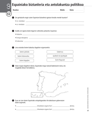 © IBAIZABAL/BAIMENDUTAKO MATERIAL FOTOKOPIAGARRIA 
47 
Espainiako biztanleria eta antolakuntza politikoa 
Ikaslea: Maila: Data: 9 
E2 
Zer gertakarik eragin zuten Espainian biztanleria igotzea honako mende hauetan? 
• XVI. mendean: __________________________________________________________________________ 
• XX. mendean: __________________________________________________________________________ 
1 
Azaldu zer egoera duten bigarren sektoreko jarduerek, Espainian. 
• Industria: ______________________________________________________________________________ 
• Energia ekoizpena: ______________________________________________________________________ 
• Eraikuntza: ____________________________________________________________________________ 
2 
3 Lotu estatuko botere bakoitza dagokion organoarekin. 
Esan zer izen duten Espainiako artxipelagoetako irla bakoitzean gobernatzen 
duten organoek. 
• _________________________ Uharteetan organo horri _____________________ deritzo. 
• _________________________ Uharteetan organo horri _____________________ deritzo. 
5 
botere judiziala 
botere betearazlea 
botere legegilea 
Gobernua 
epaileak eta epaitegiak 
Gorte Nagusiak 
Idatzi mapan dagokion tokian, Espainiako muga natural bakoitzaren izena, eta 
mugakide dituen herrialdeena. 
4 
 