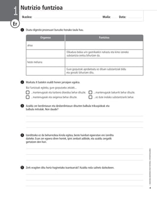 © IBAIZABAL/BAIMENDUTAKO MATERIAL FOTOKOPIAGARRIA 
4 
Nutrizio funtzioa 
Ikaslea: Maila: Data: 1 
Er 
1 Osatu digestio prozesuari buruzko honako taula hau. 
Organoa Funtzioa 
ahoa 
heste meharra 
Elikadura boloa urin gastrikoekin nahastu eta kimo izeneko 
substantzia oretsu bihurtzen da. 
Gure gorputzak aprobetxatu ez dituen substantziak bildu 
eta gorozki bihurtzen ditu. 
Markatu X batekin esaldi honen jarraipen egokia. 
Bizi funtzioak egiteko, gure gorputzeko zelulek... 
...mantenugaiak eta karbono dioxidoa behar dituzte. ...mantenugaiak bakarrik behar dituzte. 
...mantenugaiak eta oxigenoa behar dituzte. ...ez dute inolako substantziarik behar. 
2 
Azaldu zer berdintasun eta desberdintasun dituzten balbula trikuspideak eta 
balbula mitralak. Non daude? 
3 
Izerditzeko ez da beharrezkoa kirola egitea, beste hainbat egoeratan ere izerditu 
daiteke. Esan zer egoera diren horiek, ipini zenbait adibide, eta azaldu zergatik 
gertatzen den hori. 
4 
5 Zerk eragiten ditu hortz-haginetako txantxarrak? Azaldu nola saihets daitezkeen. 
 