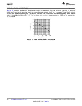 LMH6321
SNOSAL8B – APRIL 2006 – REVISED APRIL 2007                                                                                                    www.ti.com

Figure 10 illustrates the effect of the load capacitance on slew rate. Slew rate tests are specified for resistive
loads and/or very small capacitive loads, otherwise the slew rate test would be a measure of the available output
current. For the highest slew rate, it is obvious that stray load capacitance should be minimized. Peak output
current should be kept below 500 mA. This translates to a maximum stray capacitance of 500 pF for a slew rate
of 1000 V/μs.
                                                                10000


                                                                 1000




                                             SLEW RATE (V/Ps)
                                                                  100


                                                                   10


                                                                    1


                                                                  0.1
                                                                     0.1   1         10      100   1000
                                                                               CAPACITANCE (nF)


                                       Figure 10. Slew Rate vs. Load Capacitance




22      Submit Documentation Feedback                                                                 Copyright © 2006–2007, Texas Instruments Incorporated

                                                                   Product Folder Links: LMH6321
 