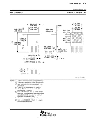MECHANICAL DATA

                                                                                                                             MPSF015 – AUGUST 2001

KTW (R-PSFM-G7)                                                                                                        PLASTIC FLANGE-MOUNT




                                        0.410 (10,41)                                                                        0.304 (7,72)
                                                                –A–
                                        0.385 (9,78)                                                0.006                    0.296 (7,52)
                                                                                                  –B–
                                         0.303 (7,70)                                                                        0.300 (7,62)
       0.0625 (1,587) H                  0.297 (7,54)                        0.055 (1,40)                                    0.252 (6,40)
                                                                                                             0.064 (1,63)
       0.0585 (1,485)                                                     0.045 (1,14)
                                                                                                             0.056 (1,42)




                  0.370 (9,40)                                                                               0.187 (4,75)
                 0.330 (8,38)                                                                                0.179 (4,55)
   H                                                     A
       0.605 (15,37)
       0.595 (15,11)
                                                                       0.012 (0,305)
                        C                                              0.000 (0,00)
                                                                                                    0.104 (2,64)
                                                                        0.019 (0,48)                0.096 (2,44)   H
                                                                         0.017 (0,43)

                                     0.050 (1,27)                             0.026 (0,66)
                                                                         C
                                      0.034 (0,86)                            0.014 (0,36)
                                                                                                          0°~3°
                            C    F    0.022 (0,57)
                                0.010 (0,25) M       B       AM C M




                0.183 (4,65)
                0.170 (4,32)



                                                                                                                                4201284/A 08/01

NOTES: A. All linear dimensions are in inches (millimeters).
       B. This drawing is subject to change without notice.
          C. Lead width and height dimensions apply to the
             plated lead.
          D. Leads are not allowed above the Datum B.
          E. Stand–off height is measured from lead tip
             with reference to Datum B.
          F. Lead width dimension does not include dambar
             protrusion. Allowable dambar protrusion shall not
             cause the lead width to exceed the maximum
             dimension by more than 0.003”.
          G. Cross–hatch indicates exposed metal surface.
          H. Falls within JEDEC MO–169 with the exception
             of the dimensions indicated.




                                                         POST OFFICE BOX 655303   • DALLAS, TEXAS 75265
 