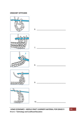 HOME ECONOMICS - NEEDLE CRAFT LEARNER’S MATERIAL FOR GRADE 9 165
K to 12 – Technology and Livelihood Education
CROCHET STITCHES
6.
7.
8.
9.
10.
 