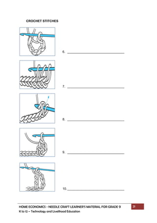 HOME ECONOMICS - NEEDLE CRAFT LEARNER’S MATERIAL FOR GRADE 9 21
K to 12 – Technology and Livelihood Education
CROCHET STITCHES
6.
7.
8.
9.
10.
 