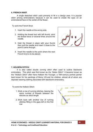 HOME ECONOMICS - NEEDLE CRAFT LEARNER’S MATERIAL FOR GRADE 9 46
K to 12 – Technology and Livelihood Education
6. FRENCH KNOT
A single detached stitch used primarily to fill in a design area. It is popular
stitch among embroiderers because it can be used to create the eyes on an
embroidered face or the center of the flower.
7. HOLBEIN STITCH
It is also called double running stitch often used to outline blackwork
embroidery. This stitch was first known as the “Italian Stitch”. It became known as
the “Holbein Stitch” after Hans Holbein the Younger, a 16th-century portrait painter
best known for his paintings of Henry VIII and his children, almost all of whom are
depicted wearing clothing decorated with blackwork embroidery.
To work the Holbein Stitch:
1. Work a row of running stitches, leaving the
same number of threads between the
stitches as stitch length
2. Work back with another row of running
stitches filling in the gaps left on the first
row
To work the French Knot:
1. Insert the needle at the wrong side.
2. Holding the thread taut with left thumb, wind
the thread twice or several times around the
needle.
3. Hold the thread in place with your thumb
then pull the needle and insert it close to the
point it came through.
4. Insert the needle to the point where the next
French knot is to be placed.
 