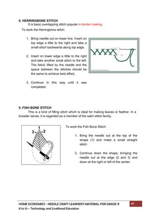 HOME ECONOMICS - NEEDLE CRAFT LEARNER’S MATERIAL FOR GRADE 9 47
K to 12 – Technology and Livelihood Education
8. HERRINGBONE STITCH
It is basic overlapping stitch popular in border making.
9. FISH BONE STITCH
This is a kind of filling stitch which is ideal for making leaves or feather. In a
broader sense, it is regarded as a member of the satin stitch family.
To work the Herringbone stitch:
1. Bring needle out on lower line. Insert on
top edge a little to the right and take a
small stitch backwards along top edge.
2. Insert on lower edge a little to the right
and take another small stitch to the left.
The fabric lifted by the needle and the
space between the stitches should be
the same to achieve best effect.
3. Continue in this way until it was
completed.
To work the Fish Bone Stitch:
1. Bring the needle out at the top of the
shape (1) and make a small straight
stitch
2. Continue down the shape, bringing the
needle out at the edge (2 and 3) and
down at the right or left of the center.
 